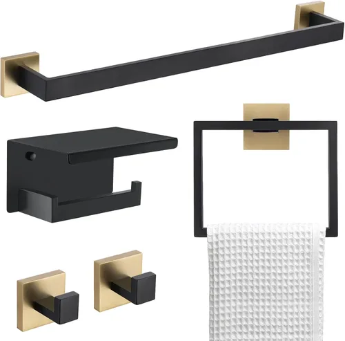 Juego de 5 piezas de accesorios de baño, juego de toallero negro y dorado, soporte de papel higiénico con estante, juego de toallero en el baño,