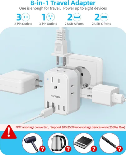 Miniatura 3 de PAEWOK Adaptador de viaje PD de 20 W, mini adaptador universal de viaje con 1 toma de CA y carga rápida USB, adaptador de enchufe internacional