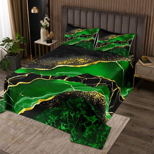 Miniatura 6 de Erosebridal Juego de edredón de mármol amarillo, tamaño King, juego de colcha dorada para hombres, juego de colcha abstracta de mármol metálico