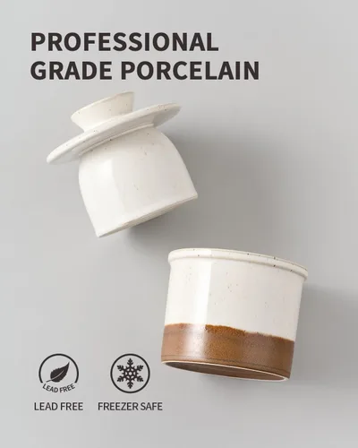 Miniatura 3 de XELA Ceramic Butter Crock, el esmalte reactivo original de dos colores, plato de mantequilla con línea de agua para untar mantequilla fresca - Latte