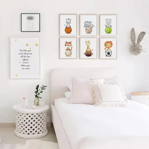 Miniatura 5 de Arte de pared para bebé niño, decoración deportiva para guardería, lienzo de animales de safari, arte de pared de bosque para habitación de bebé