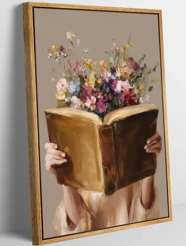 Arte de pared de mujer de lectura vintage enmarcado, arte de pared con diseño floral, lienzo, decoración de pared, póster estético, arte para