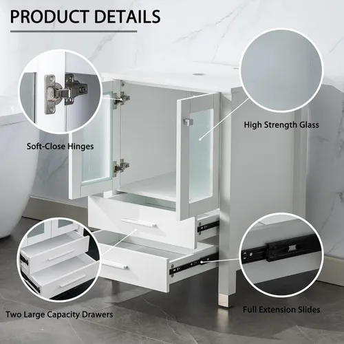 Miniatura 4 de LUCKWIND 36" Bathroom Vanity Combo with Sink, 24"+12.6" Width, Painted Bathroom Storage Cabinet with 5 Drawers, Including Tempered Glass Round