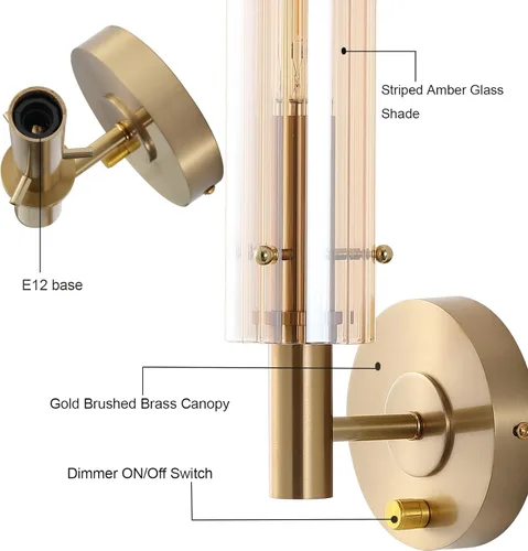 Miniatura 3 de BYOLIIMA Apliques de pared modernos con pantallas de vidrio ámbar a rayas, latón cepillado dorado, lámparas de tocador de baño, interruptor