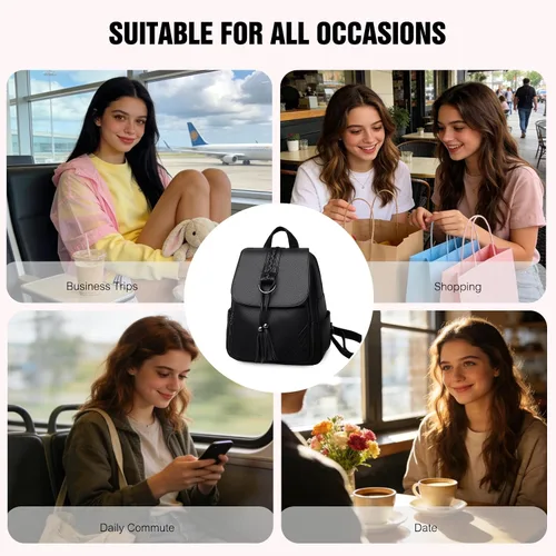 Miniatura 7 de FANDARE Mochila vintage para mujer con borla, mochila de cuero PU para mujer, Negro, Grande