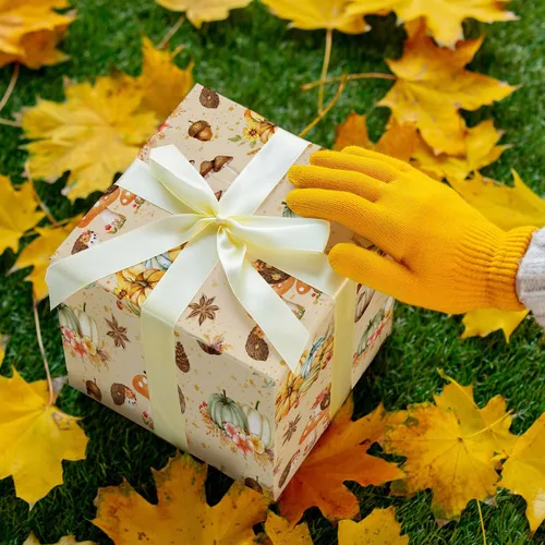 Miniatura 7 de SaringSwoon Papel de Regalo de Otoño para Niños y Adultos - Papel de Regalo de Bosque con Diseño de Erizo, Calabaza y Hongos para Otoño, Cumpleaños