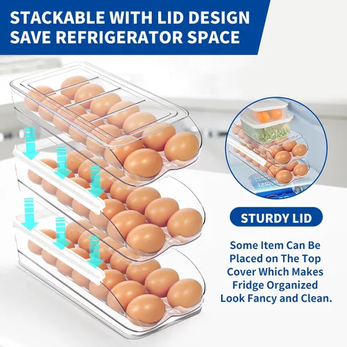 Miniatura 4 de MesRosa Soporte para huevos para nevera, organizador automático de huevos enrollable para refrigerador, contenedor y bandeja de huevos de plástico