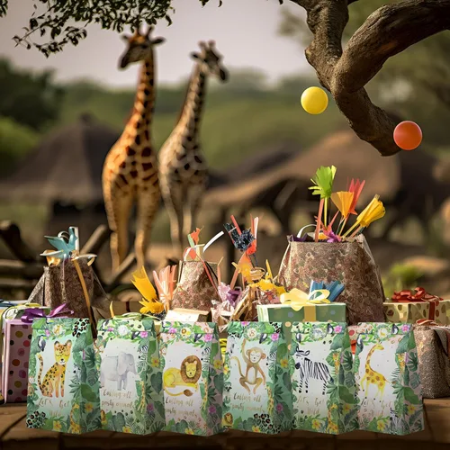 Miniatura 5 de Bolsas de Recuerdos de Fiesta Safari Acuarela - 24 Piezas Bolsas de Dulces de Fiesta de la Selva con Calcomanías - Bolsas de Regalo de Golosinas