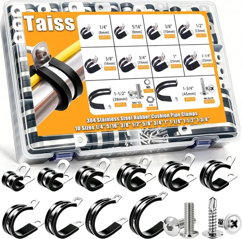 Taiss Kit surtido de 270 abrazaderas de cable, abrazaderas de tubo de alambre aisladas de goma de acero inoxidable 304, 10 tamaños, abrazaderas de
