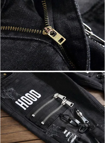 Miniatura 5 de Cremalleras para hombre con letras bordadas negro elástico Denim Jeans Agujeros de moda rasgados desgastados Pantalones delgados Pantalones