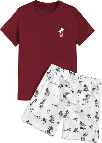 Miniatura 41 de GORGLITTER Conjunto de 2 piezas de camiseta gráfica de manga corta para hombre, estampado hawaiano con cordón y pantalones cortos