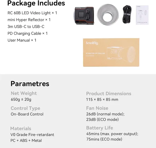 Miniatura 8 de SmallRig Luz de Video RC 60B COB, Batería de 49Wh, 45 Minutos de Funcionamiento, 63W 11200lux CRI 97+ Luz de Video LED Bicolor, Luz de Salida 60B