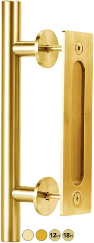 Miniatura 11 de Rio Salto Kit de manijas de puerta de granero dorado de latón cepillado de 12 pulgadas, manija de puerta de armario, manija de aluminio sólido