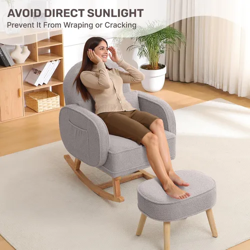 Miniatura 6 de HCHAIRH Mecedora para guardería con otomana, mecedora tapizada con respaldo alto y bolsillo lateral, sillón con patas de madera maciza para Gris