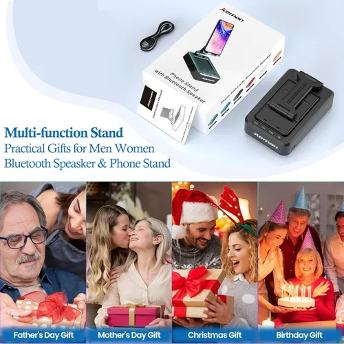 Miniatura 7 de JTEMAN Soporte para teléfono celular con altavoz Bluetooth, sonido estéreo HD y base antideslizante, soporte plegable ajustable para teléfono