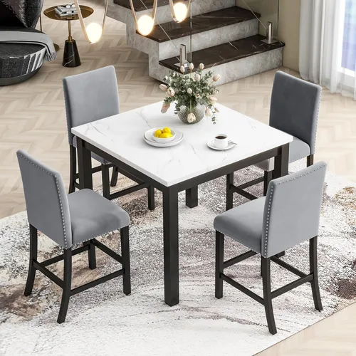 Miniatura 2 de Merax Juego de mesa de comedor para 4, mesa de comedor de altura de mostrador con mesa de comedor de mármol sintético y 4 sillas de asiento