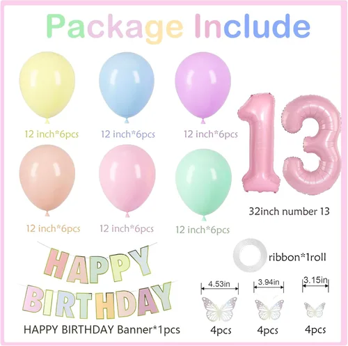 Miniatura 3 de 13th Birthday Decorations For Girls -12 Inch Pastel Balloons, 32 Inch Pink 13 Balloon, 3D Butterflies Stickers, Happy Birthday Banner For Teen Girl