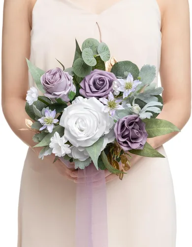 Miniatura 32 de Ling's moment Ramos de flores artificiales de rosas y azules polvorientas para damas de honor, ramo floral azul marino, ramos de dama de honor