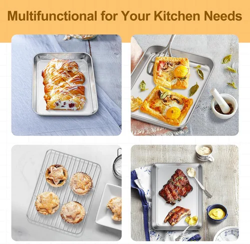Miniatura 4 de TeamFar Juego de bandeja y rejilla para horno tostador, 9.3'' x 7'' x 1'', bandeja para horno tostador de acero inoxidable bandeja para asar,