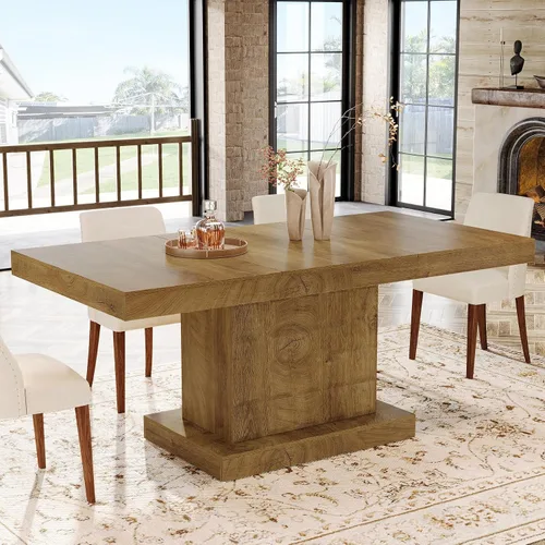Miniatura 9 de Tribesigns Mesa de comedor de 63 pulgadas para 4-6, mesa rectangular de madera de granja con relieve geométrico, base de pedestal (café y negro)