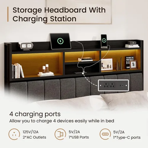 Miniatura 5 de BRELTAM Base de cama Queen con 6 cajones de almacenamiento, cabecera tapizada de lino, estación de carga USB integrada e iluminación LED, soporte