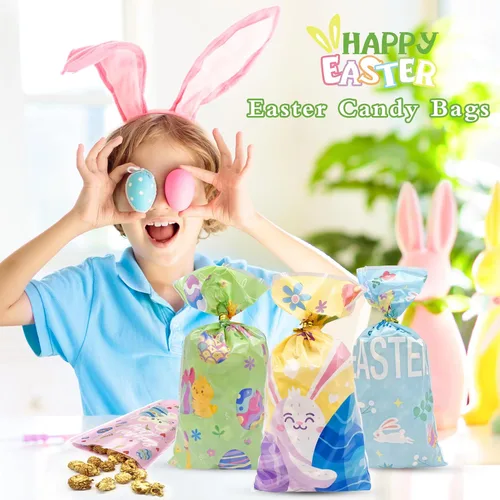 Miniatura 3 de Jexila 160 bolsas de celofán de Pascua con lazos, bolsa de golosinas de conejo de Pascua para niños, bolsas de plástico para dulces