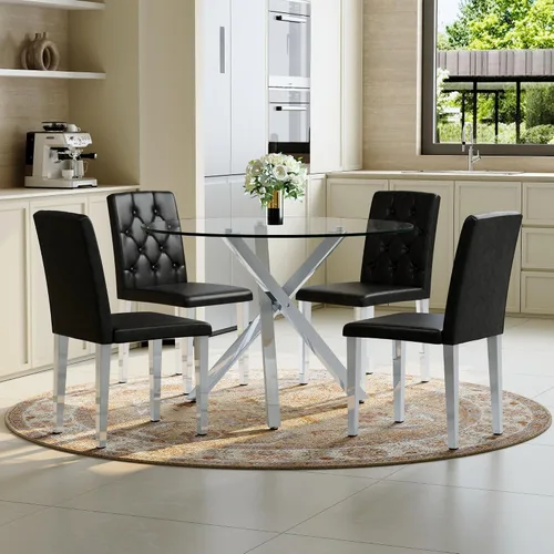 Miniatura 18 de Juego de mesa de comedor redonda de vidrio para 4, mesa de cocina redonda de 39 pulgadas y sillas para 4 personas con tapa de vidrio templado y base