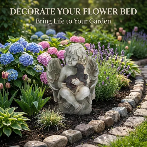 Miniatura 9 de DUSVALLY Angel Holding - Estatua de jardín para cachorros, escultura de querubín de resina resistente a la intemperie, decoración de jardín al aire