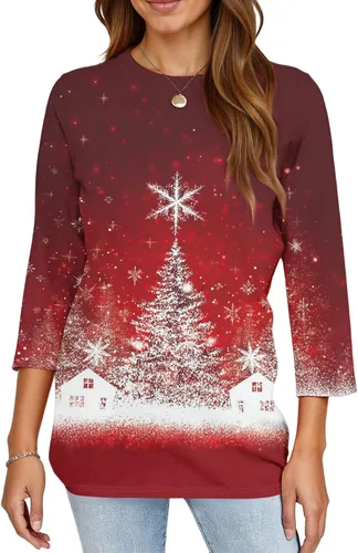 Miniatura 74 de Camisetas de manga 3/4 para mujer, cuello redondo, holgadas, casuales, con estampado floral, camisetas de moda para el trabajo de negocios