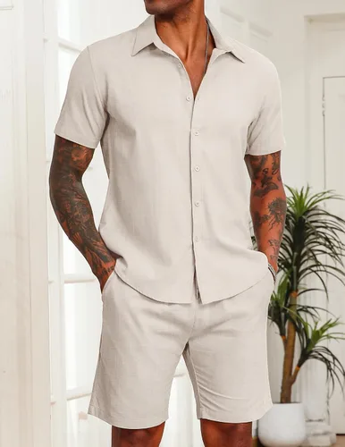 Miniatura 6 de COOFANDY Conjunto de 2 piezas de algodón y lino para hombre, camisas de manga corta con botones, pantalones cortos de playa de verano, trajes