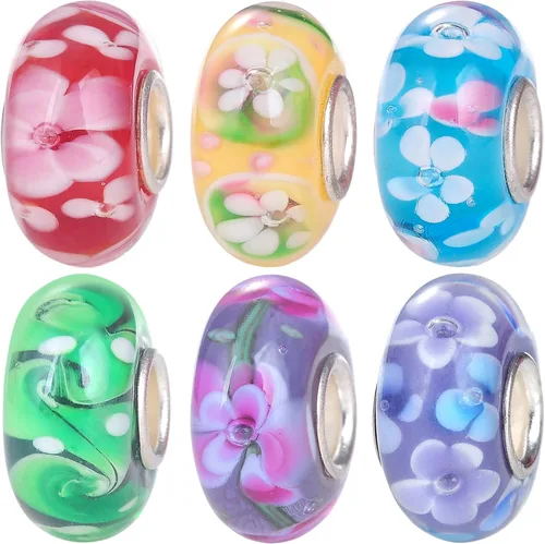 Miniatura 12 de RUBYCA Cuentas de cristal de Murano floral con núcleo de color plateado, ajuste europeo para hacer joyas, 6
