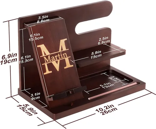 Miniatura 3 de Estación de acoplamiento de madera personalizada para teléfono, mesita de noche, soporte para cartera, organizador de relojes, accesorios