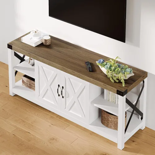 Miniatura 4 de IDEALHOUSE Soporte de TV blanco de 59 pulgadas para TV de hasta 65 pulgadas, gabinete de TV de madera de granja, centro de entretenimiento