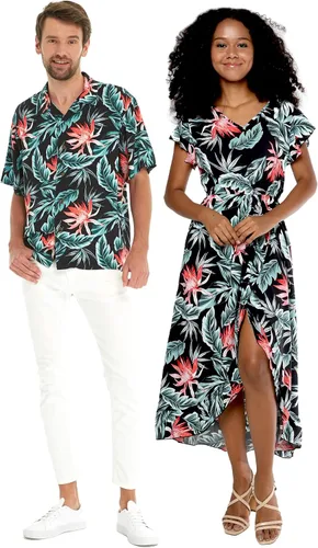 Camisa hawaiana Luau o vestido cruzado con volantes para pareja a juego en color negro lirio floreciente