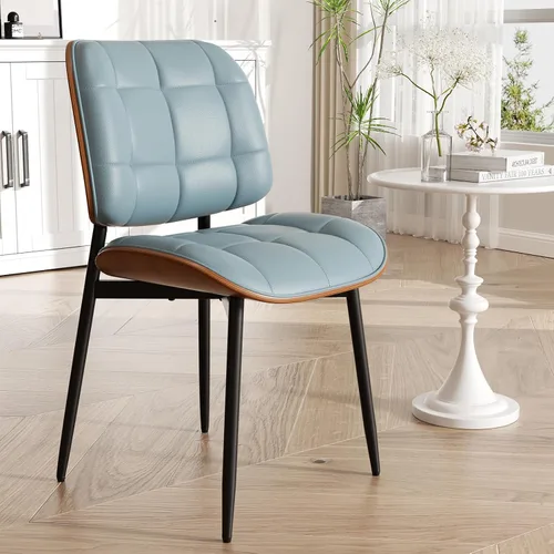 Miniatura 12 de Silla de comedor, moderna de mediados de siglo con cojín grueso, sillas de cocina tapizadas de piel sintética con respaldo de madera curvada de Beige