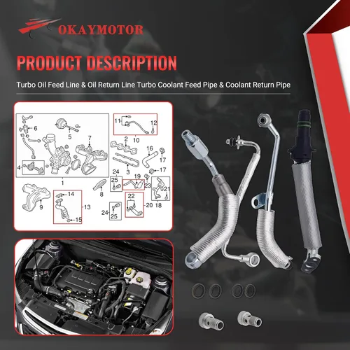 Miniatura 4 de OKAY MOTOR Línea de alimentación de aceite Turbo y línea de retorno de aceite Turbo Tubo de alimentación de refrigerante y tubo de retorno