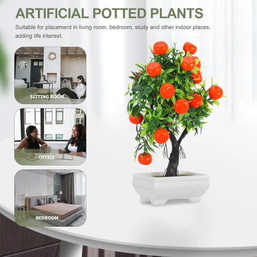 Miniatura 6 de HOMSFOU Árbol de kumquat simulado de imitación naranja bonsái con base de madera, pequeña planta de fruta artificial en maceta para el hogar