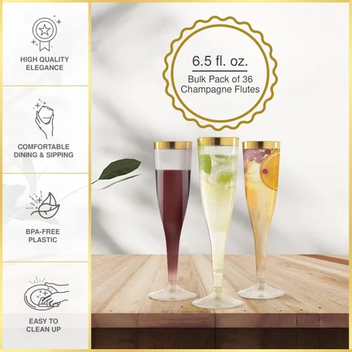 Miniatura 4 de 36 copas de champán de plástico, vasos de plástico de 6.5 onzas, borde dorado y purpurina dorada, decoración de brunch, flautas de plástico