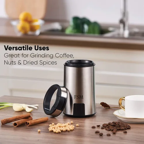 Miniatura 2 de FSM Molinillo de café eléctrico y molinillo de especias con sistema de bloqueo de seguridad, acero inoxidable con tapa transparente y base