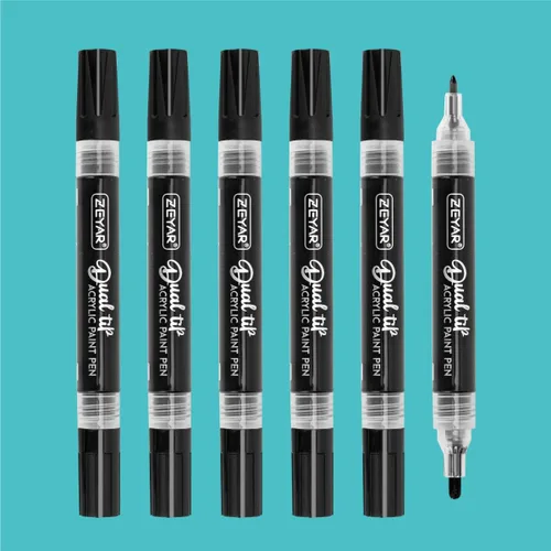 ZEYAR Bolígrafos de pintura acrílica de doble punta, punta media y punta extrafina, tinta acrílica a base de agua e impermeable, colores surtidos (6