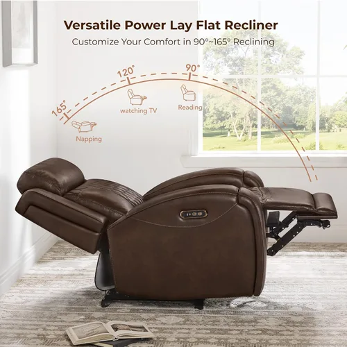 Miniatura 5 de CHITA Silla reclinable de cuero genuino para adultos con reposacabezas eléctrico ajustable, sillón reclinable plano con portavasos extraíbles