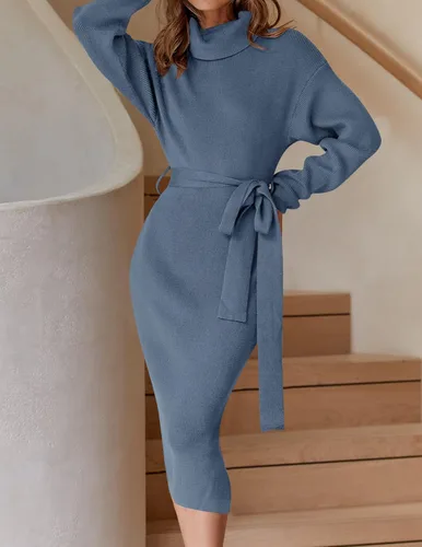 Miniatura 3 de ZESICA - Vestido por debajo de la rodilla de suéter, de cuello alto, para mujer, de manga larga, de punto acanalado, con abertura y cinturón