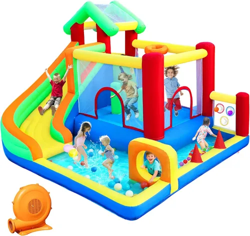 Casa de rebote, castillo inflable con soplador para niños en interiores y exteriores, castillo de salto inflable con pozo de bolas, tobogán, pared