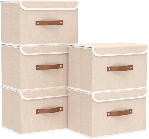 Miniatura 31 de Yawinhe SNK024BEN-1 Cajas de almacenamiento plegables, cestas apilables de tela de lino, contenedor con tapa y asa de cuero, lavable, para el hogar