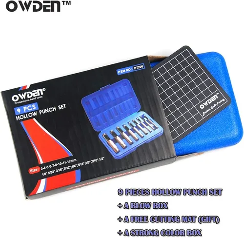 Miniatura 7 de OWDEN Juego de punzones huecos de 9 piezas (1/8"-1/2") con una alfombrilla de corte gratis, juego de punzones de cuero
