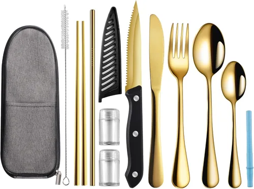 Miniatura 12 de Logcow Utensilios de viaje con estuche, utensilios reutilizables, juego de cubiertos portátiles de viaje para camping, juego de cubiertos de acero