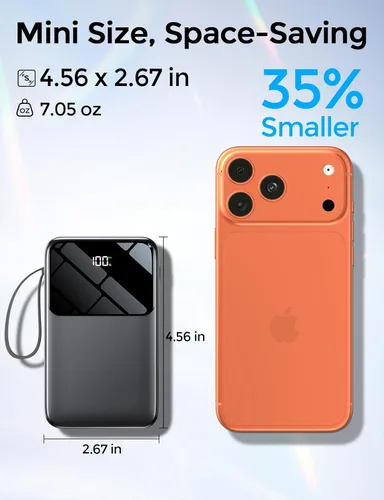 Miniatura 3 de Banco de energía, cargador portátil de 15000 mAh con cable integrado, carga rápida de 22.5 W, 6 salidas, batería esencial de viaje delgada