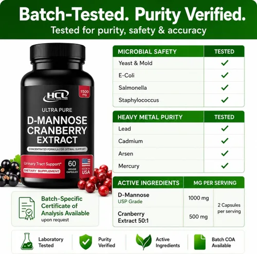 Miniatura 10 de HCL HERBAL CODE LABS Cápsulas de D-manosa con extracto de arándano de 1500 mg - Suplemento D-manosa de grado USP de alta potencia con polvo