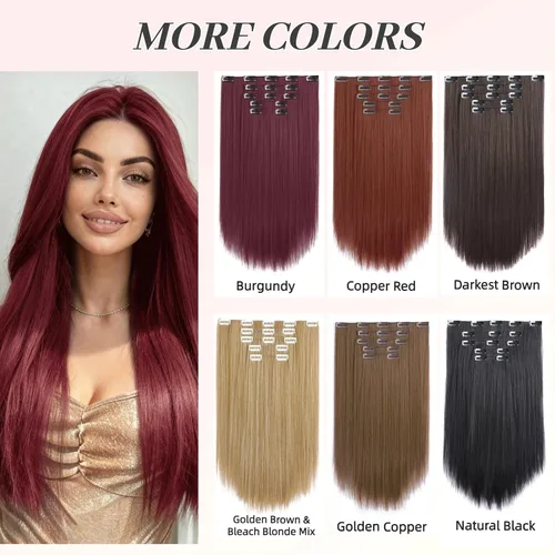 Miniatura 6 de Extensiones de cabello sintético con clip, color burdeos de 18 pulgadas de largo, invisibles, gruesas, extensiones de cabello lacio con clips, 5