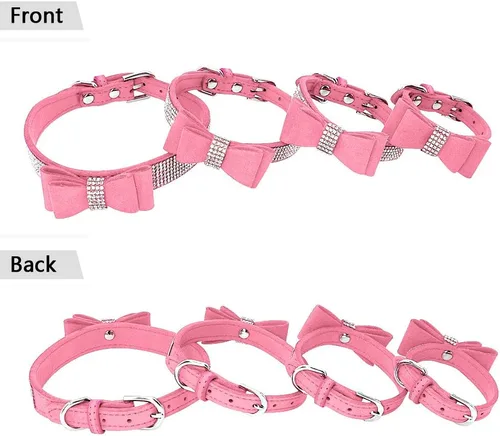 Miniatura 4 de Beirui Collar de piel con diamantes de imitación para perro y gato, con diamantes de cristal brillantes y tachuelas, bonito lazo doble para Rosa